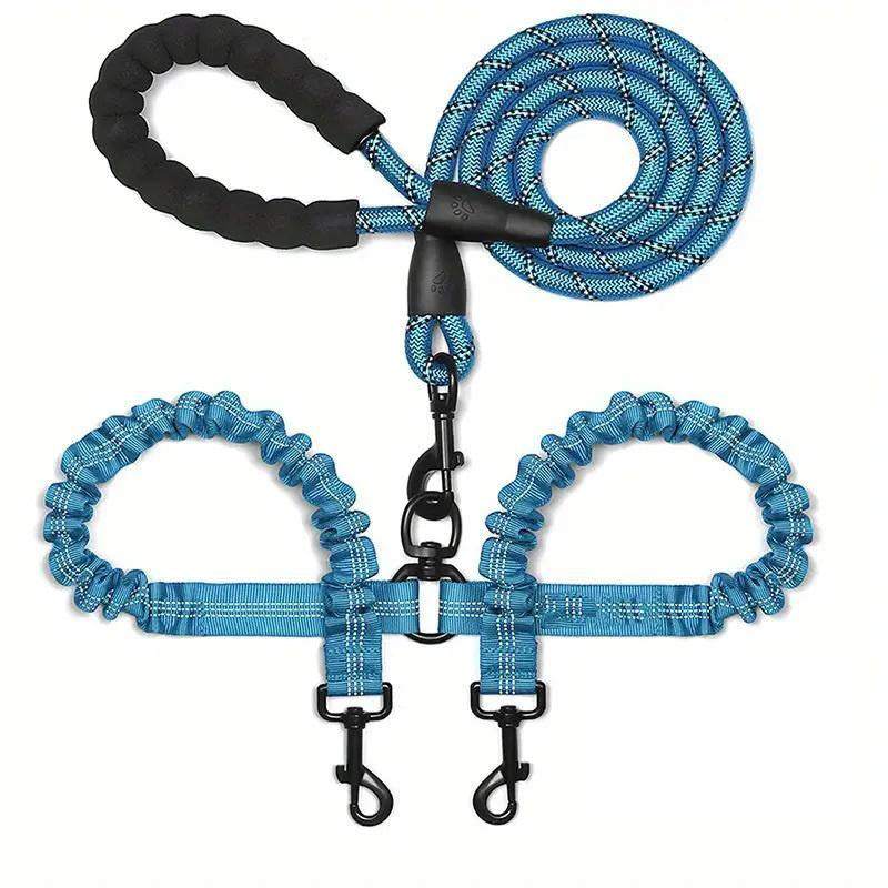 Dual Tangle-Free Dog Leash with Shock Absorbing Bungee & Reflective Strips – No-Pull for 2 Dogs