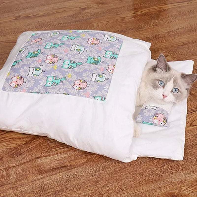 Japanese Cat Bed Warm Cat Sleeping Bag Deep Sleep Cave Winter Removable Pet House Bed for Cats Dogs Nest Cushion with Pillow
