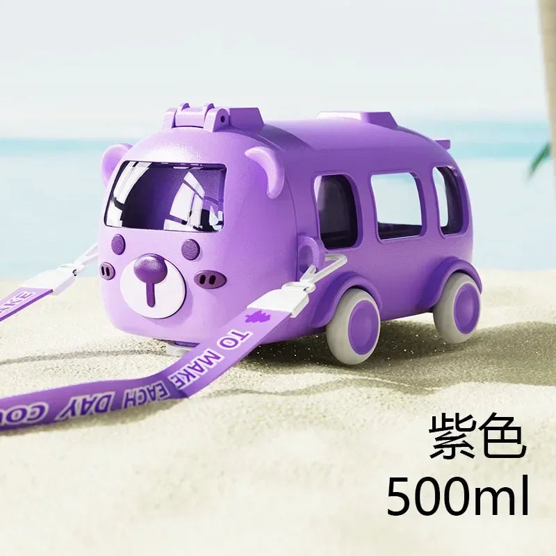 500Ml Cute Bear Portable Water Bottle with Shoulder Strap Kid Car Straw Water Cup Bus Shape Children'S Water Bottle Drinking Cup