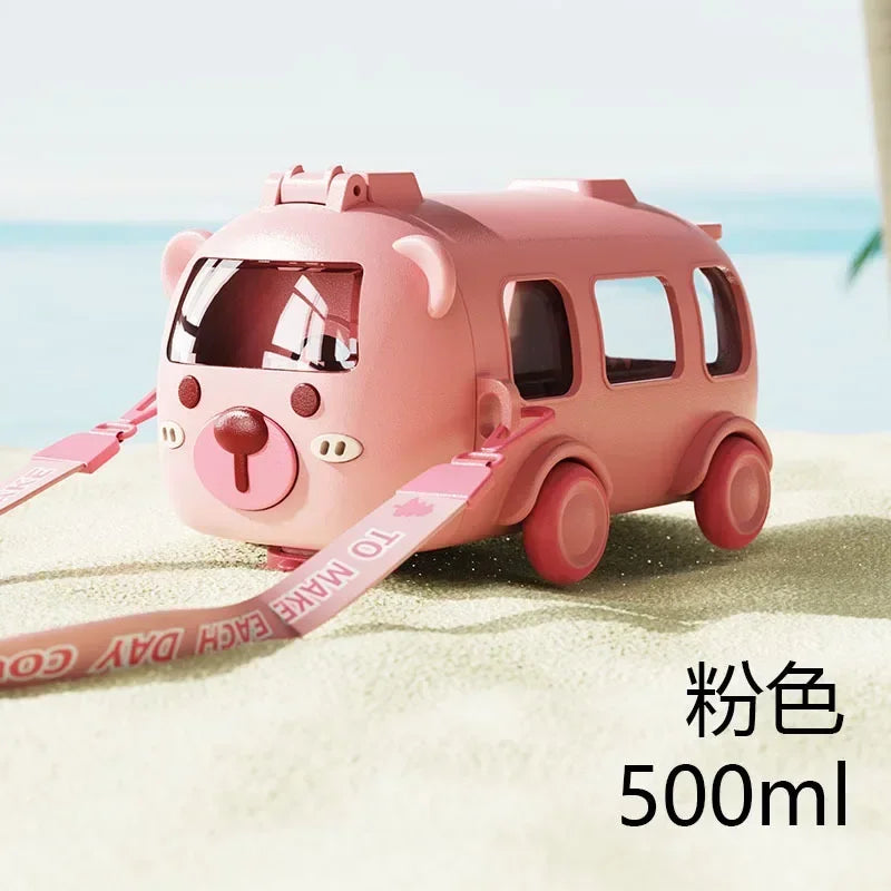 500Ml Cute Bear Portable Water Bottle with Shoulder Strap Kid Car Straw Water Cup Bus Shape Children'S Water Bottle Drinking Cup