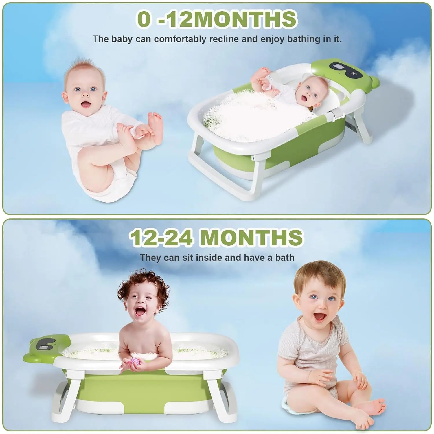 Baby Bathtub Foldable Baby Bathtub with Thermometer and Floating Cushion for Infants and Toddlers Newborn from 0-36 Months