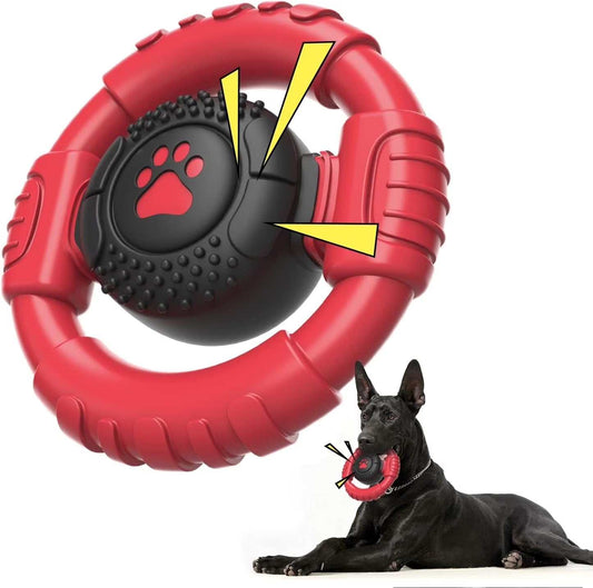 Indestructible squeaky dog chew toy in red and black nylon, designed for aggressive chewers, shown with black dog holding toy