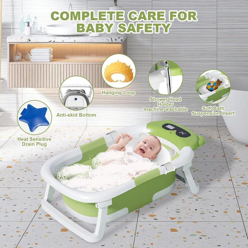 Baby Bathtub Foldable Baby Bathtub with Thermometer and Floating Cushion for Infants and Toddlers Newborn from 0-36 Months