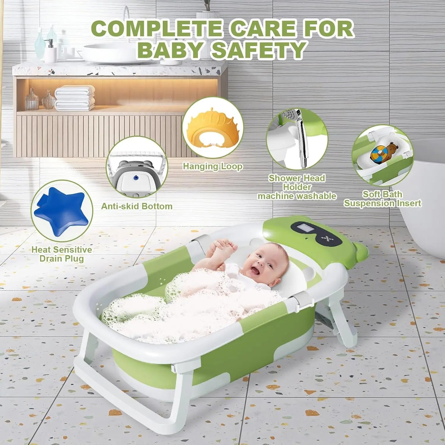 Baby Bathtub Foldable Baby Bathtub with Thermometer and Floating Cushion for Infants and Toddlers Newborn from 0-36 Months