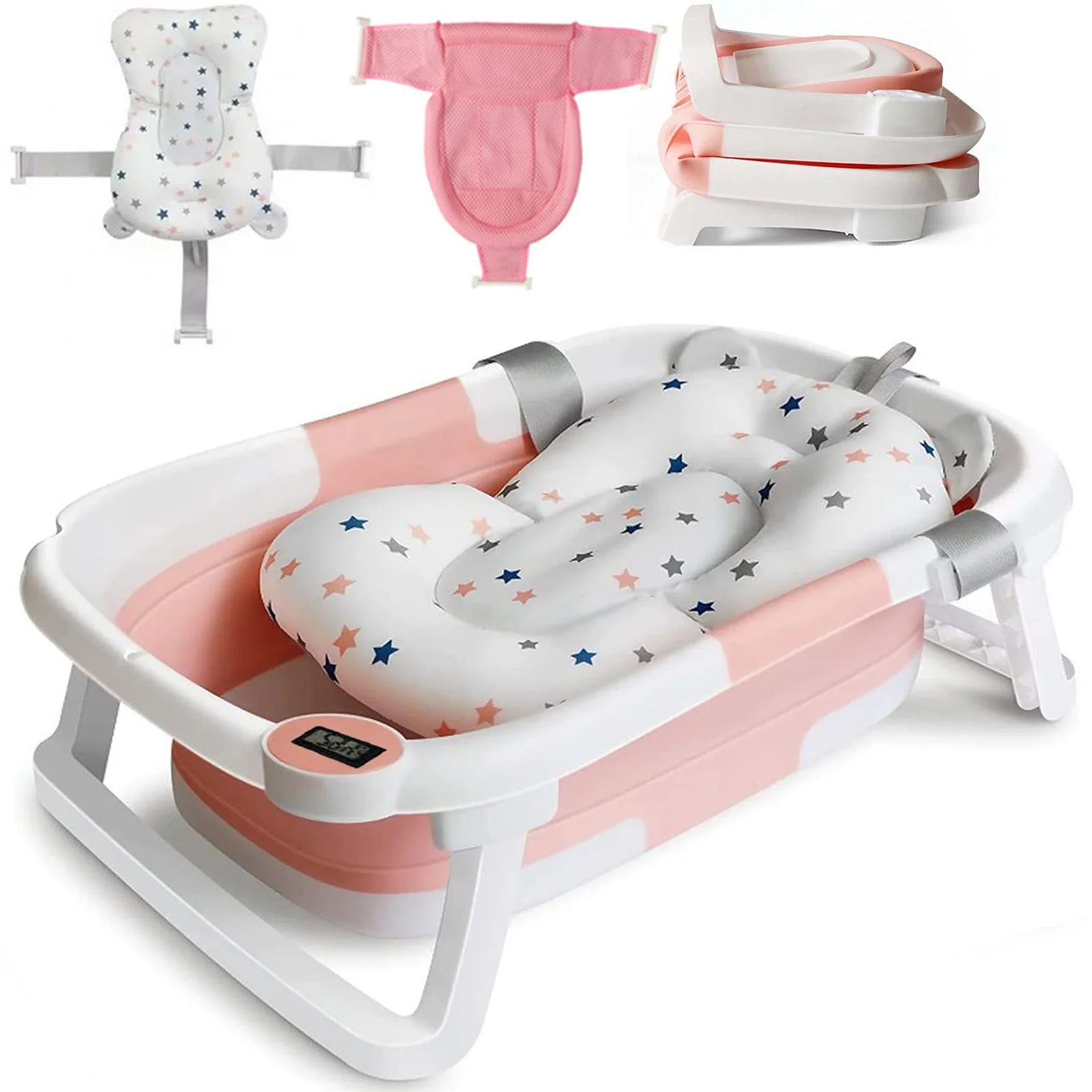 Baby Bathtub Foldable Baby Bathtub with Thermometer and Floating Cushion for Infants and Toddlers Newborn from 0-36 Months