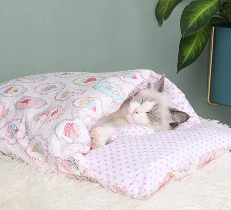 Japanese Cat Bed cozy sleep cave with soft pink pattern, perfect for cats and small dogs