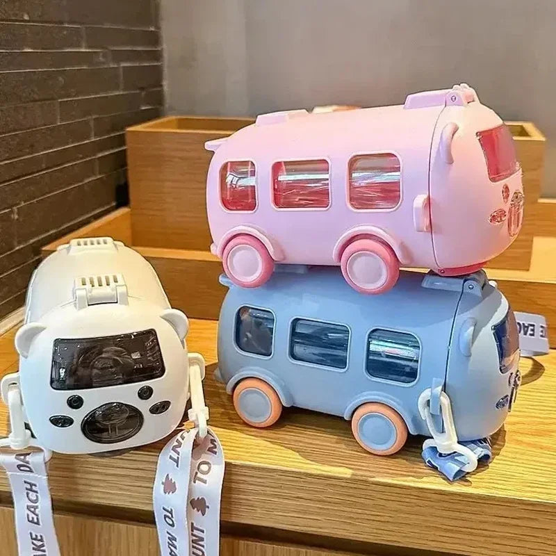 500Ml Cute Bear Portable Water Bottle with Shoulder Strap Kid Car Straw Water Cup Bus Shape Children'S Water Bottle Drinking Cup