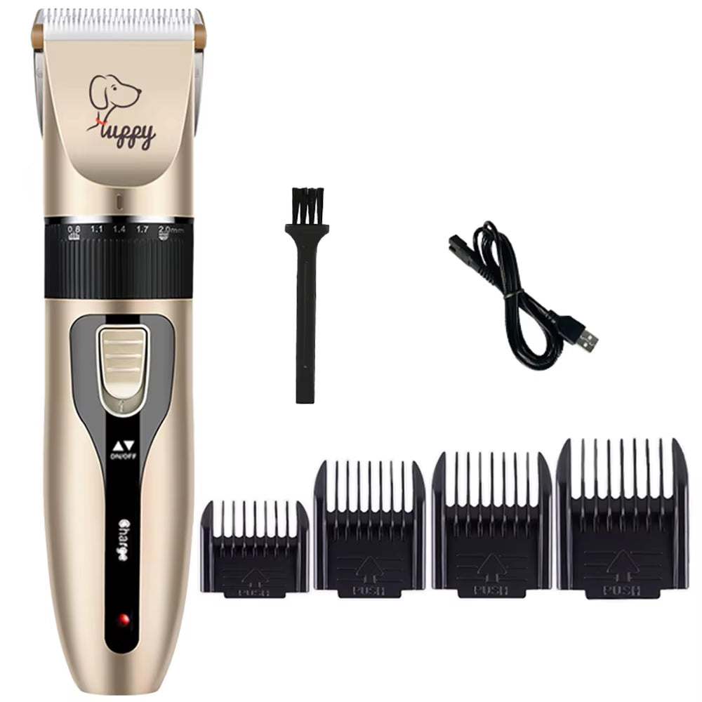 Professional dog clipper grooming set with multiple attachments, USB charging cable, and cleaning brush for pets, cats, and rabbits.