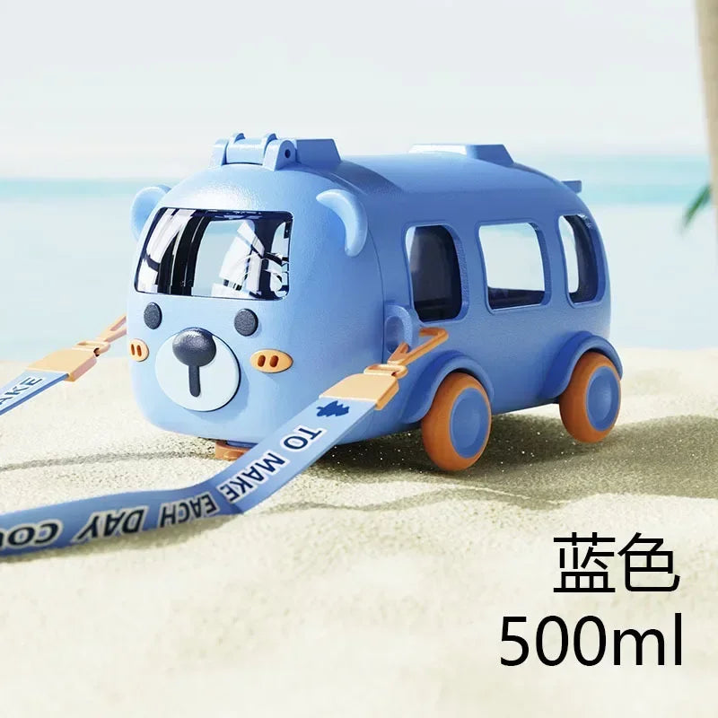 500Ml Cute Bear Portable Water Bottle with Shoulder Strap Kid Car Straw Water Cup Bus Shape Children'S Water Bottle Drinking Cup