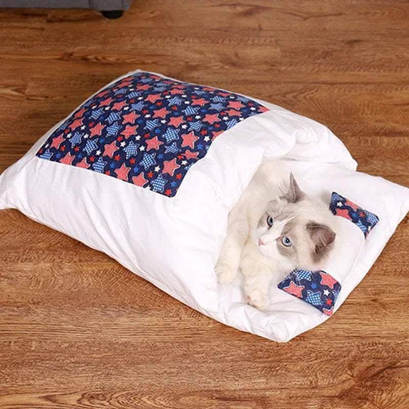 Japanese Cat Bed Warm Cat Sleeping Bag Deep Sleep Cave Winter Removable Pet House Bed for Cats Dogs Nest Cushion with Pillow