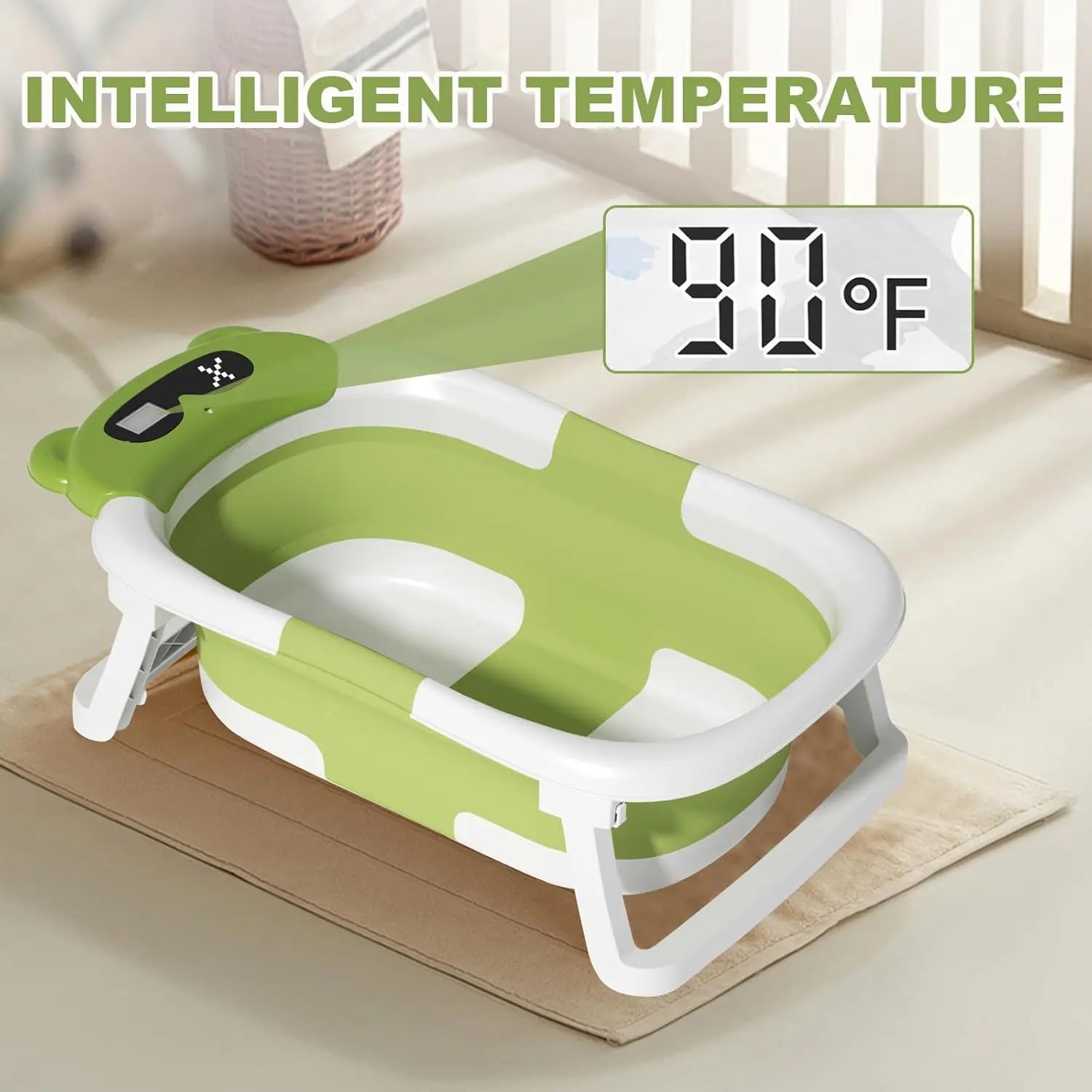Baby Bathtub Foldable Baby Bathtub with Thermometer and Floating Cushion for Infants and Toddlers Newborn from 0-36 Months