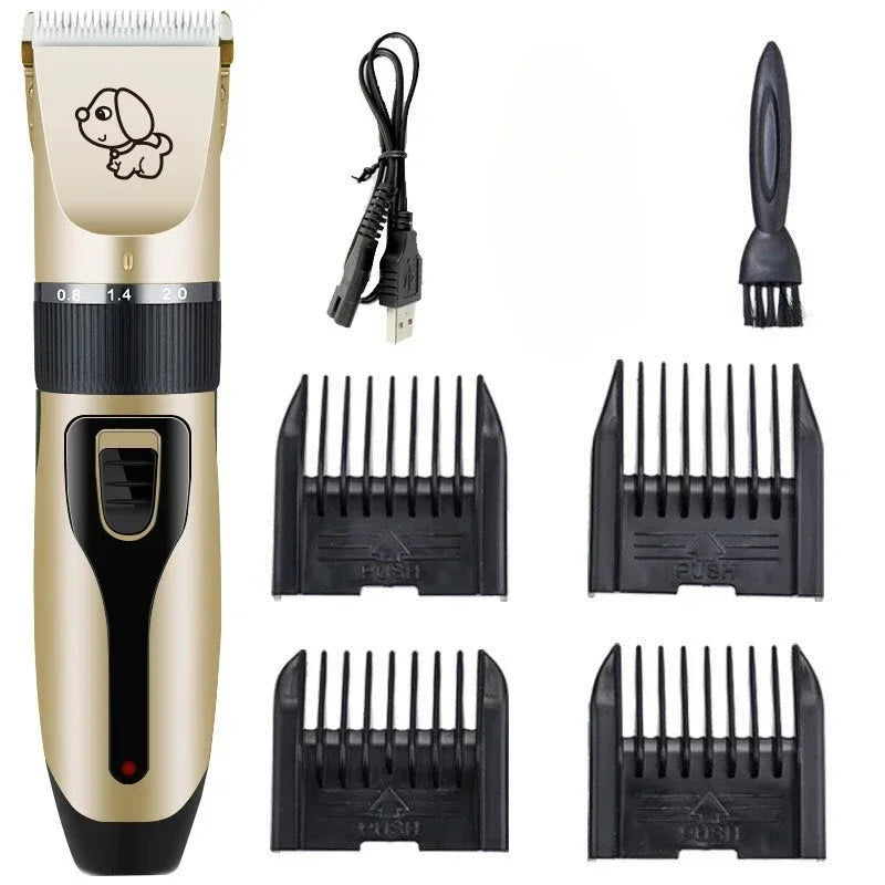 Rechargeable pet hair trimmer kit with low-noise motor, multiple attachments, and cleaning brush for cats and dogs grooming