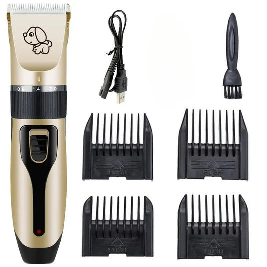 Rechargeable pet hair trimmer kit with low-noise motor, multiple attachments, and cleaning brush for cats and dogs grooming
