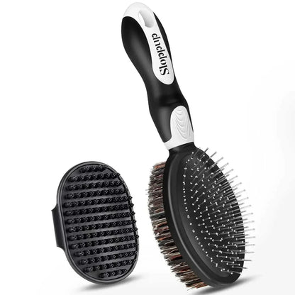 Double sided dog hair brush with ergonomic handle and dual bristle design for grooming and removing loose fur