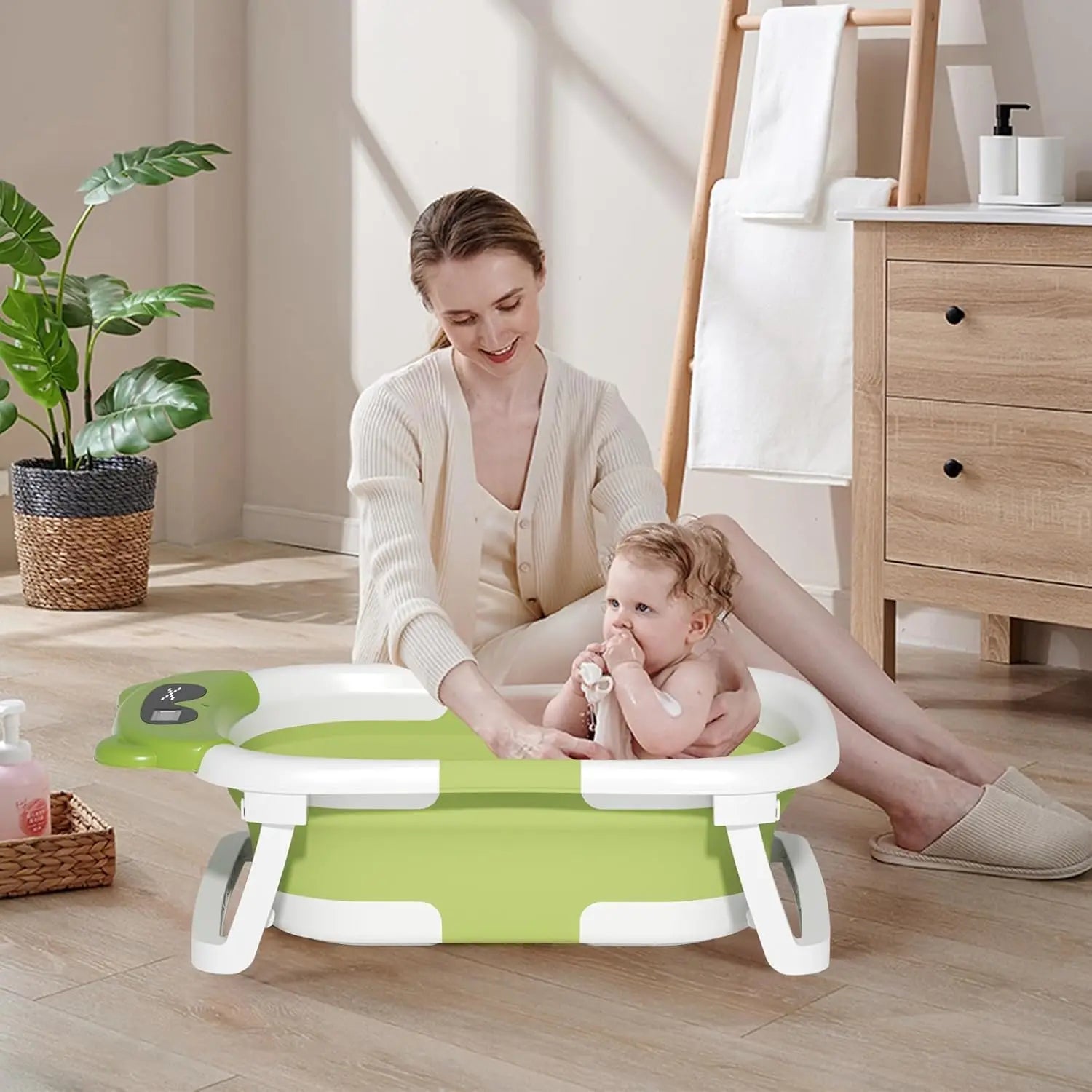 Baby Bathtub Foldable Baby Bathtub with Thermometer and Floating Cushion for Infants and Toddlers Newborn from 0-36 Months