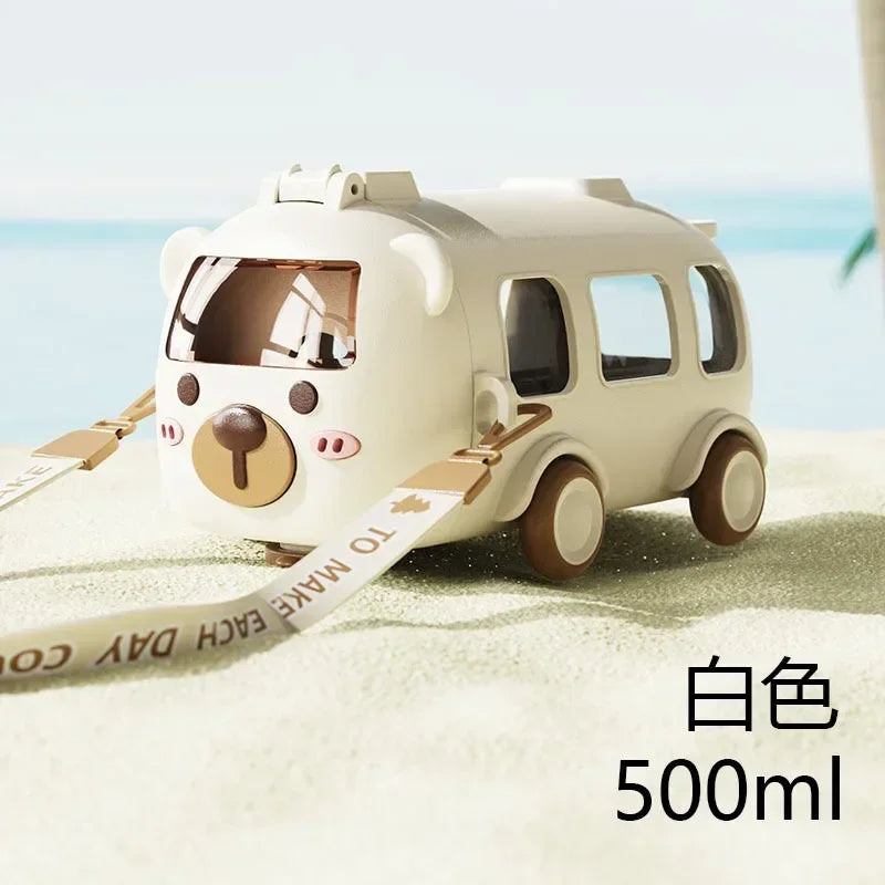 500Ml Cute Bear Portable Water Bottle with Shoulder Strap Kid Car Straw Water Cup Bus Shape Children'S Water Bottle Drinking Cup