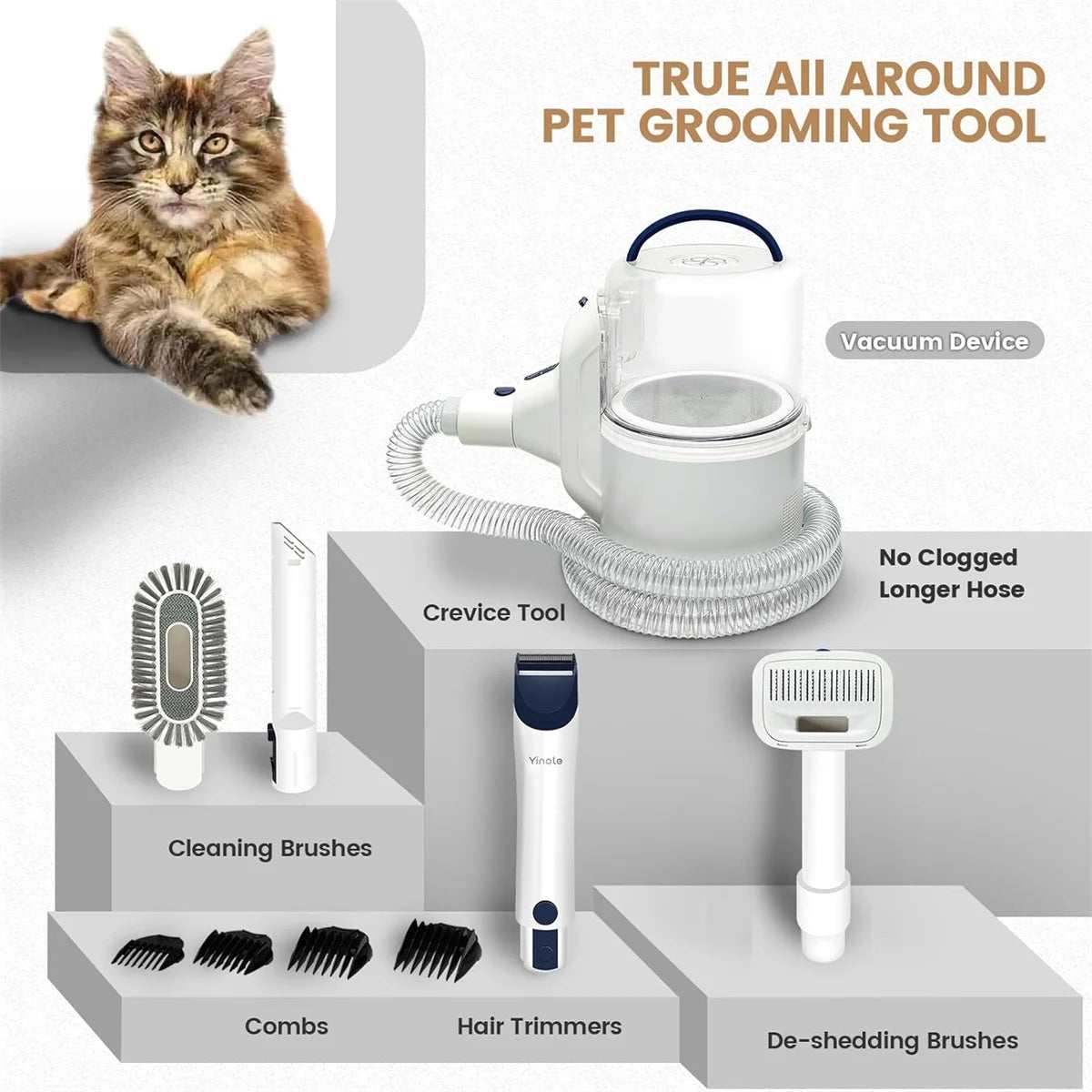Yinole P50 Dog Grooming Vacuum with attachments for pet hair trimming, brushing, and vacuuming, 2.5L capacity, all-in-one pet grooming kit