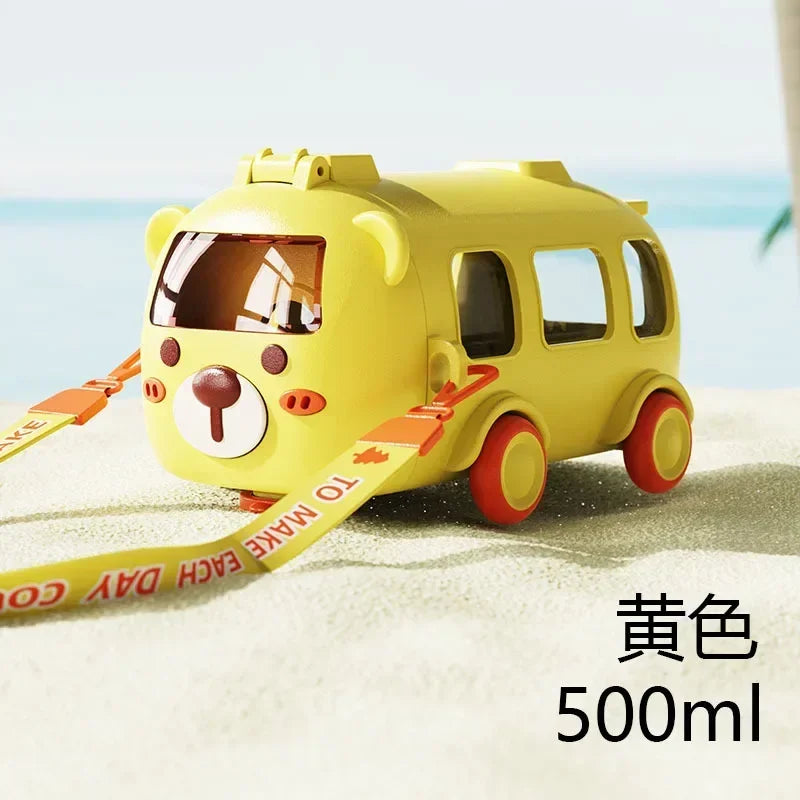 500Ml Cute Bear Portable Water Bottle with Shoulder Strap Kid Car Straw Water Cup Bus Shape Children'S Water Bottle Drinking Cup