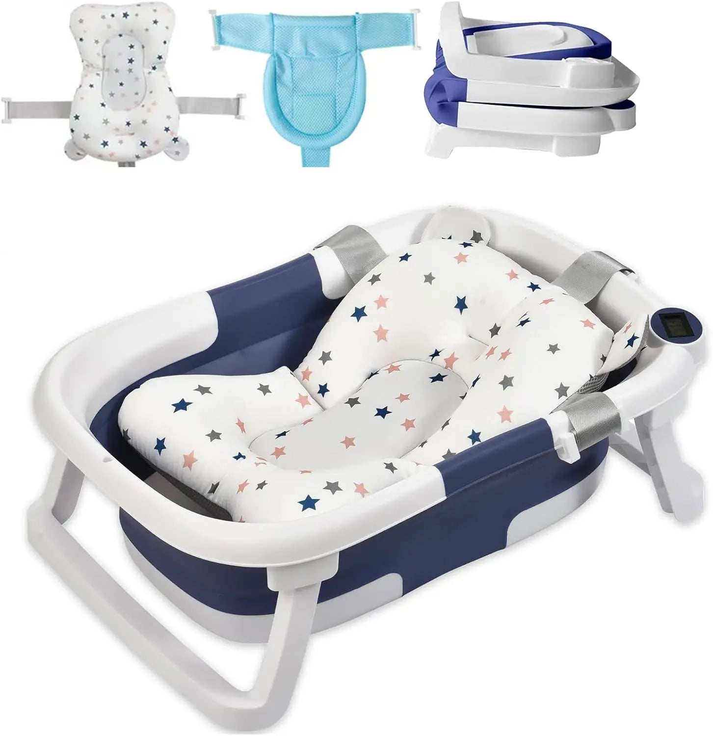 Baby Bathtub Foldable Baby Bathtub with Thermometer and Floating Cushion for Infants and Toddlers Newborn from 0-36 Months