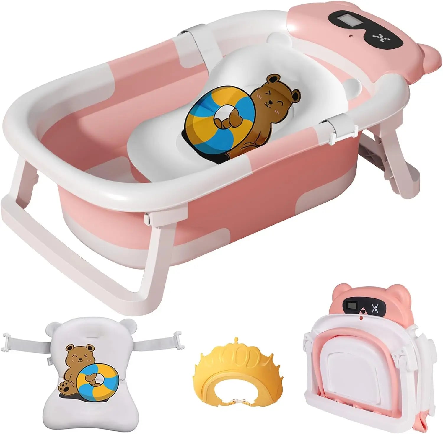 Baby Bathtub Foldable Baby Bathtub with Thermometer and Floating Cushion for Infants and Toddlers Newborn from 0-36 Months