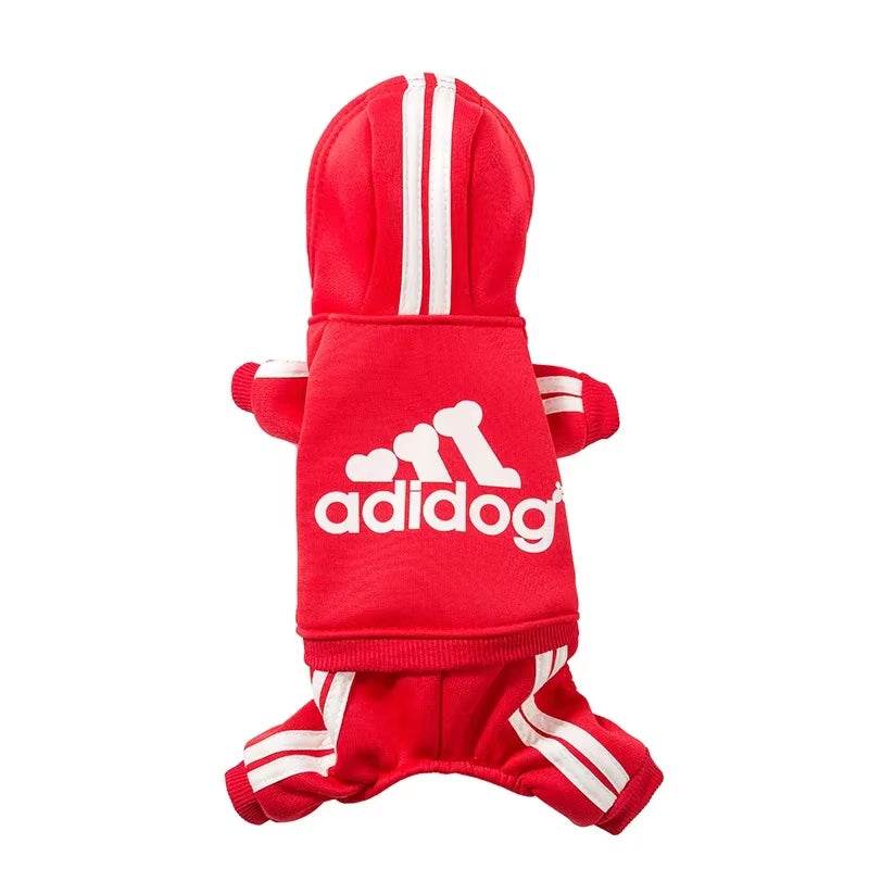 Red Adidog Clothes Dog Jumpsuit hoodie with white stripes and logo for small dogs