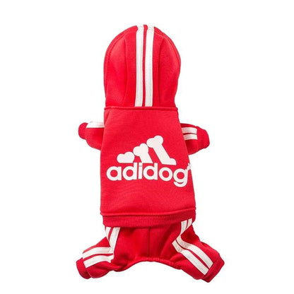 Red Adidog Clothes Dog Jumpsuit hoodie with white stripes and logo for small dogs