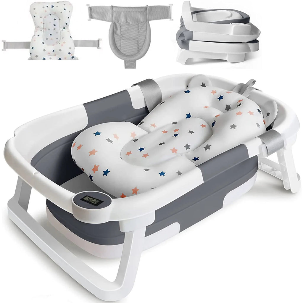 Baby Bathtub Foldable Baby Bathtub with Thermometer and Floating Cushion for Infants and Toddlers Newborn from 0-36 Months