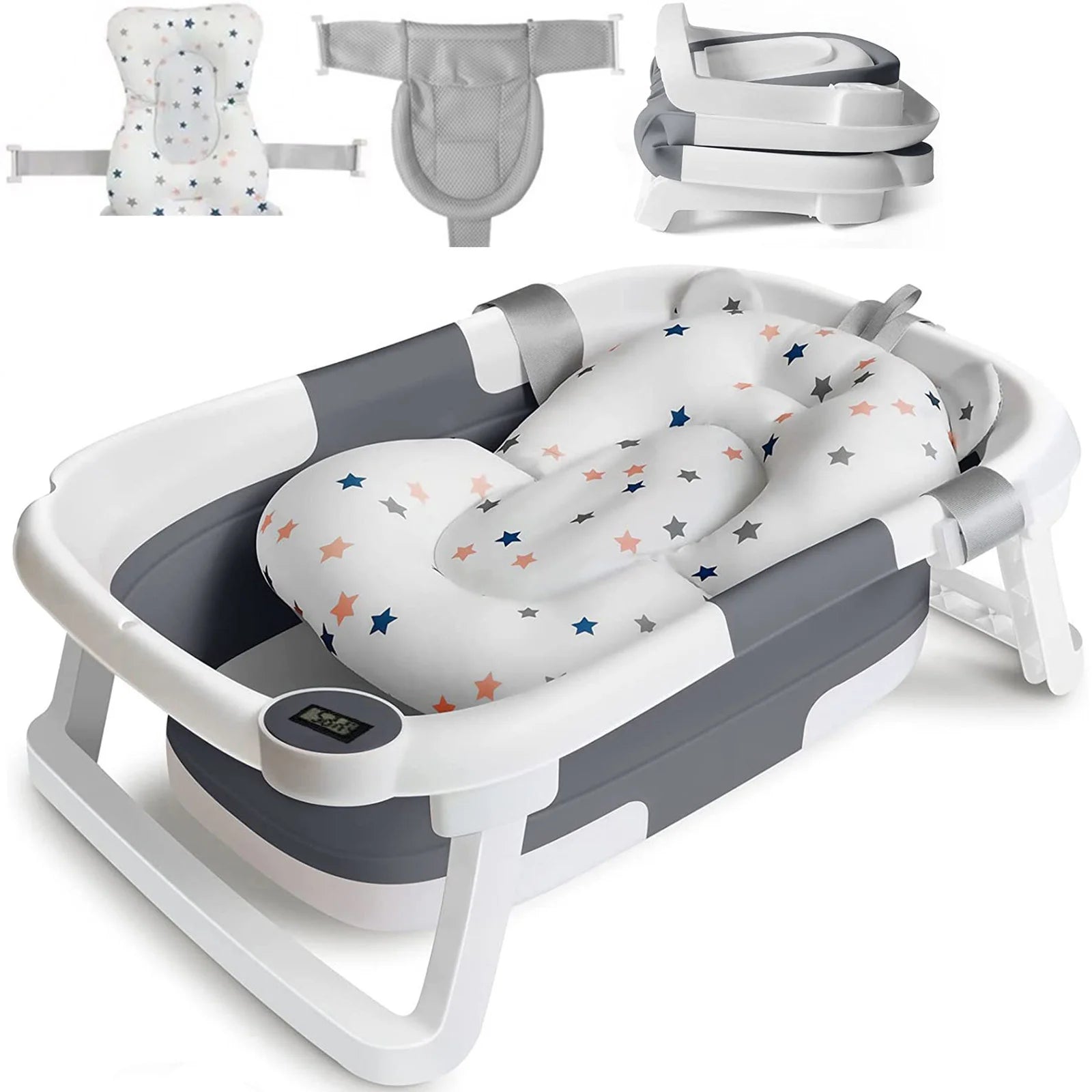Baby Bathtub Foldable Baby Bathtub with Thermometer and Floating Cushion for Infants and Toddlers Newborn from 0-36 Months